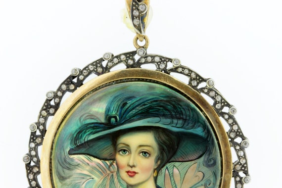 Teal Peacock Lady Portrait Silver, Gold, and Diam… - image 2