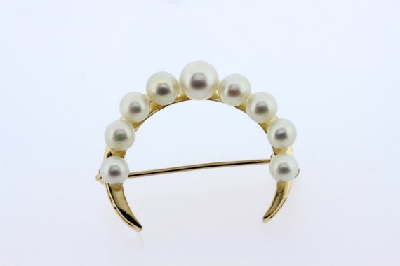 14K Yellow Gold Pearl Brooch Moon or Crescent Sha… - image 3