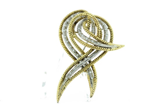 18K Yellow and White Gold Diamond Ribbion Brooch  - image 1