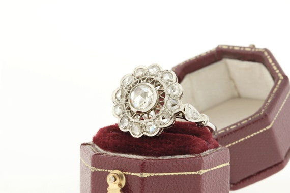 Vintage Rose Cut Diamond Platinum Ring with Rose … - image 2