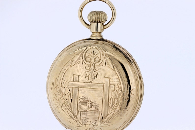 14K Gold Pocket Watch With Farm House Engraving Etsy
