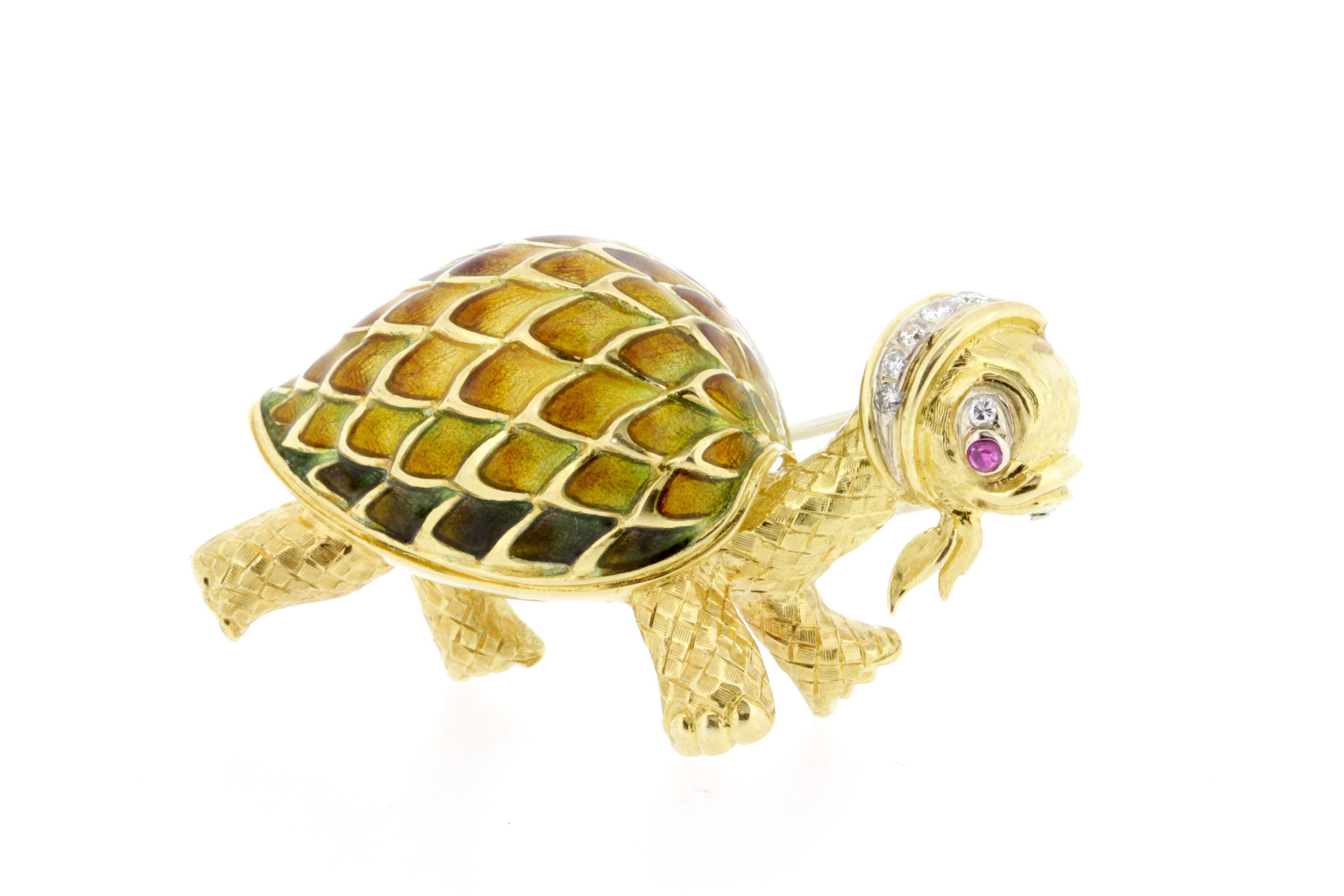 18K Yellow Gold Turtle Brooch Pin Ruby Diamond and Enamel