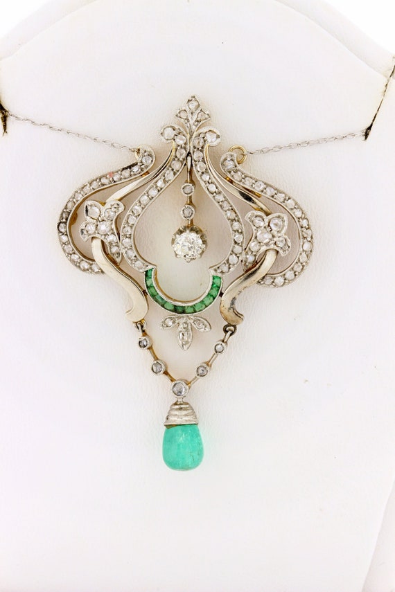 Vintage Diamond and Green Emerald Necklace