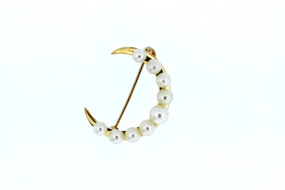 14K Yellow Gold Pearl Brooch Moon or Crescent Sha… - image 1