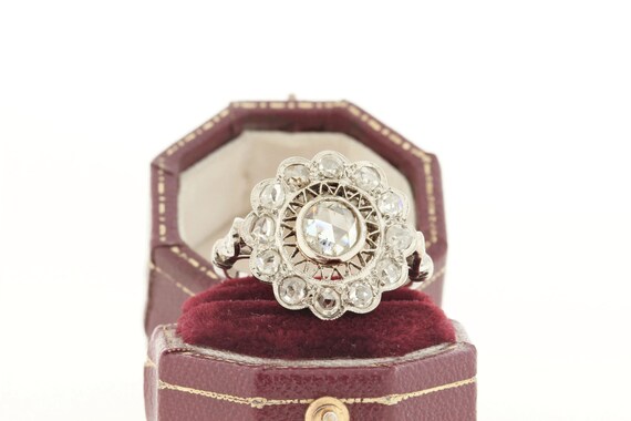 Vintage Rose Cut Diamond Platinum Ring with Rose … - image 5