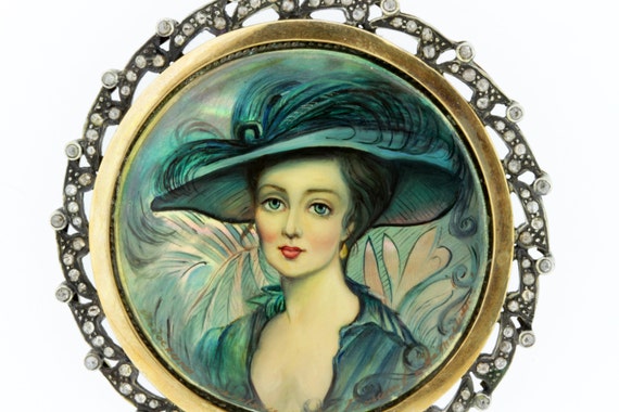 Teal Peacock Lady Portrait Silver, Gold, and Diam… - image 3