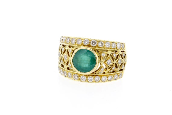 Stunning Vivid Green Emerald and Diamond Ring 18K… - image 1
