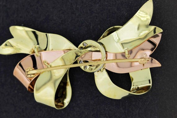 14K Two tone Gold Small Bow Brooch with Pave set … - image 2