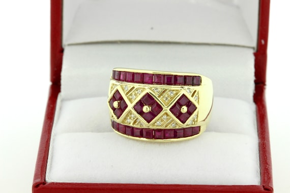 14K Yellow Gold Ruby and Diamond Lattice Ring - image 1