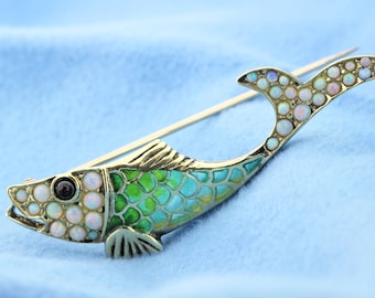 14 karat yellow gold long fish brooch plique-à-jour enamel Opal and garnet