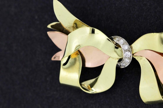 14K Two tone Gold Small Bow Brooch with Pave set … - image 4