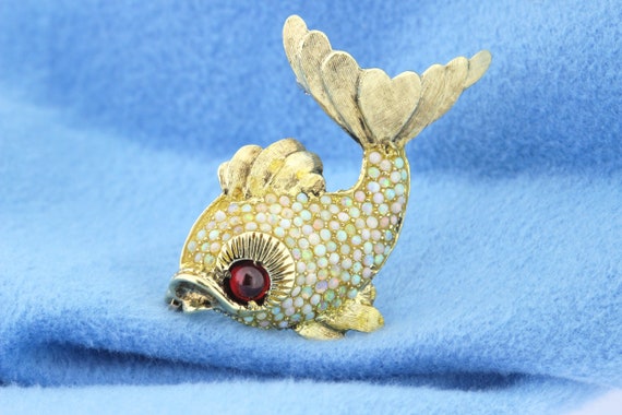 14K Opal and Granet Yellow Fish Brooch - image 1