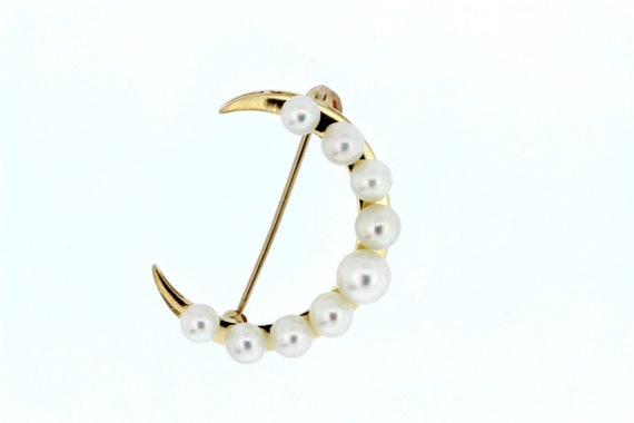 14K Yellow Gold Pearl Brooch Moon or Crescent Sha… - image 9