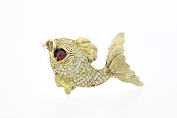 14K Opal and Granet Yellow Fish Brooch - image 7