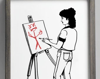 May include: A black and white illustration of a person standing in front of an easel painting a red stick figure with a devilish expression. The stick figure has horns and a frown.
