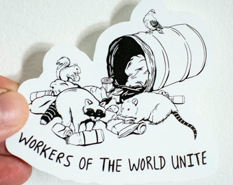 Workers of the world unite illustrated sticker by Tricia Robinson - Check description for size  - Pro union sticker, worker solidarity