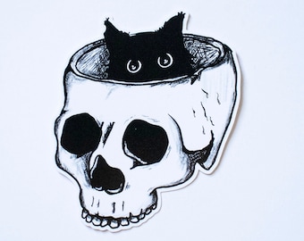 Black Cat Skull Sticker by Tricia Robinson - Check description for size  - Skull stickers, Black cat art, Black cat sticker, Cat Skull art