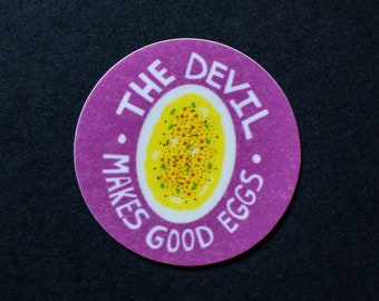 Devilled Eggs sticker -  illustrated by Tricia Robinson - 2" x 2" - egg art, funny egg sticker, devilled eggs, foodie sticker, silly egg art