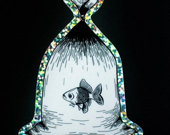 Goldfish in bag sticker - Funny Art - illustrated glitter sticker by Tricia Robinson - Check description for size  - fish bag  sticker
