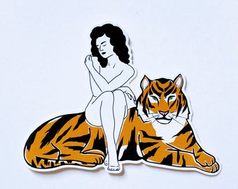 Tiger Lady sticker by Tricia Robinson - Check description for size  - Cute Tiger sticker - Tattoo style sticker - Tiger Water bottle sticker