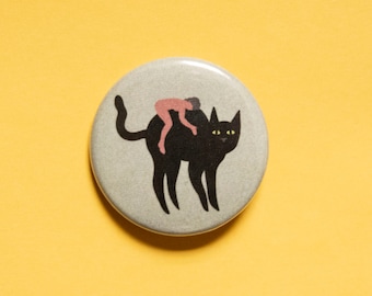 Black Cat 1 1/2 inch Pin - A cute cat pin - Illustration with a person riding atop a black cat