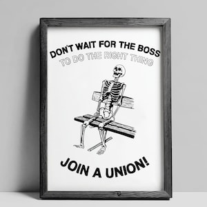 Reproduction artistique Join A Union - Impression 8,5 x 11, illustrée numériquement sur du papier cartonné mat. Impression d'art du mouvement syndical pro. Cadre non inclus.