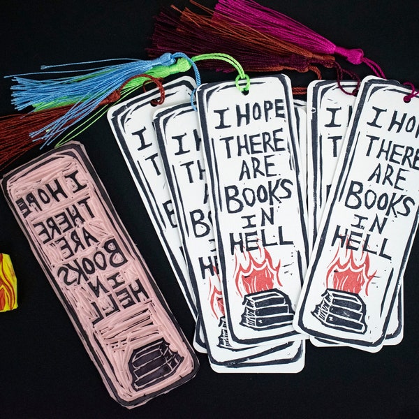 Linocut Bookmark w random coloured tassel -  Book lovers unite  - 2x5" hand carved linocut paper bookmark - Funny bookworm gifts