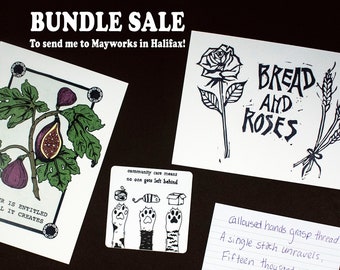 Art Bundles to send me to Mayworks in Halifax ! 3 Bundle Options (read description) - Linocut Bread & Roses, stickers, haikus, prints