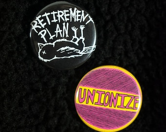 2-Pack of Pro-Worker Pins - 1 1/4 inch pinback button pack - 2 pro-worker pins by Montreal artist Tricia Robinson -  union worker solidarity