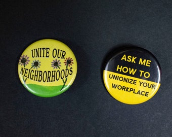 2-Pack of Pro-Worker Pins - 1 1/4 inch pinback button pack - 2 pro-worker pins by Montreal artist Tricia Robinson -  union worker solidarity