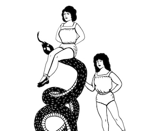 Slither Sisters Art Print: Black and White Snake Illustration