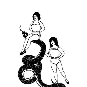 Slither Sisters Art Print - Ilustrado digitalmente em preto e branco, impressão 8,5x11 em cartolina fosca. Impressão artística de cobra em preto e branco