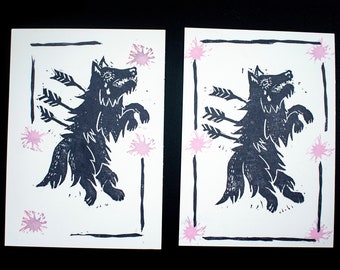 Wolf linocut mini print  - 5x7 hand carved linocut print, stamped cardstock - Wolf tattoo style linocut print - each order slightly variated