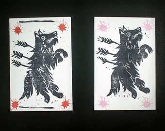 Wolf linocut mini print  - 4x6 hand carved linocut print, stamped on cardstock - Wolf arrow tattoo style linocut print - 2 colour choices