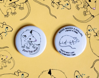 Pro-Worker Pinback Buttons - Union Possum Art, Labor Humor, Union Member (2-Pack)
