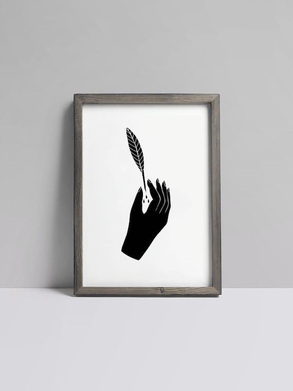 Feather Pen Art Print Illustrated Black and White, 8.5x11 on Cardstock.  Tattoo Style Black & White Feather Quill Print. Gift for Writers. 