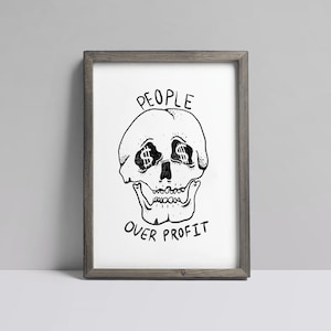 Impression de tête de mort People Over Profit - Impression de tête de mort illustrée, impression 8,5 x 11 sur papier cartonné. Impression d'art tête de mort sans cadre, mangez les riches, nourrissez les pauvres