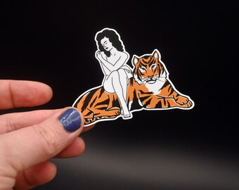 Tiger Lady sticker by Tricia Robinson - Check description for size  - Cute Tiger sticker - Tattoo style sticker - Tiger Water bottle sticker