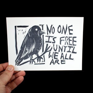 No One is Free Linocut Print - Hand-Stamped Revolution Art (5x7)
