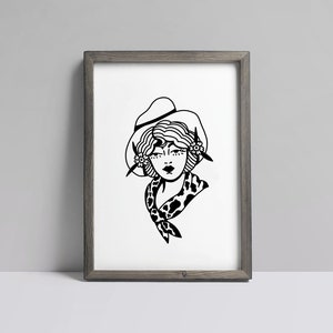 Howdy Cowgirl Art Print: Tattoo Style Illustration (8.5x11 UNFRAMED)