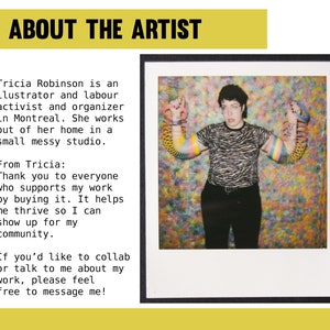 May include: A Polaroid-style photo featuring an individual with short dark hair, wearing a black and white zebra-striped shirt and black pants. The person is holding rainbow-colored slinkies on their arms. The background is a colorful, abstract pattern.