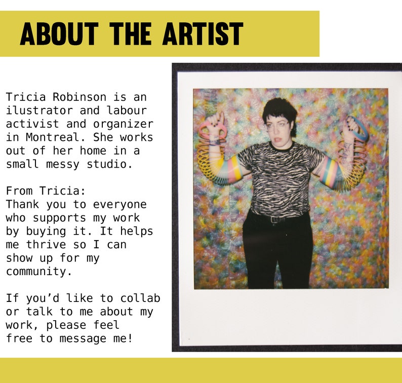 May include: A Polaroid-style photo featuring an individual with short dark hair, wearing a black and white zebra-striped shirt and black pants. The person is holding rainbow-colored slinkies on their arms. The background is a colorful, abstract pattern.