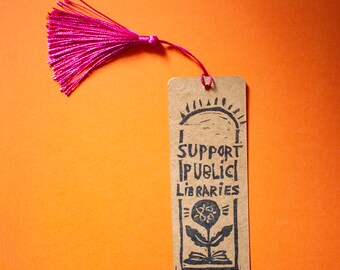 Linocut Bookmark w random coloured tassel -  Book lovers unite - 2x5" hand carved linocut paper bookmark - Support public libraries