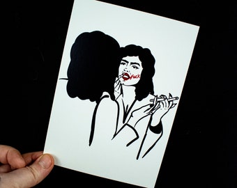 MINI PRINT, Lipstick Lady- Illustrated vulgar lipstick lady illustration, 5x7 unframed mini print on cardstock. Art Print by Tricia Robinson