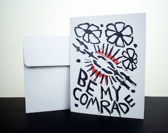 COMRADE Solidarity linocut Card and Envelope - 4.25 x 5.5 Heavyweight Folded Cardstock and Envelope - Worker Solidarity - Gift card option