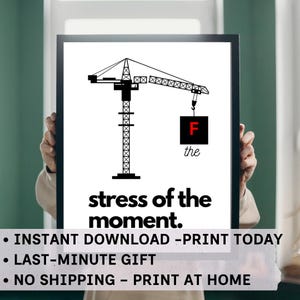 Könnte beinhalten: Schwarz-Weiß-Kunstdruck mit einer Kran-Grafik und dem roten Buchstaben "F". Der Text lautet "stress of the moment." und "the". Der Druck wird von einer Person gehalten.