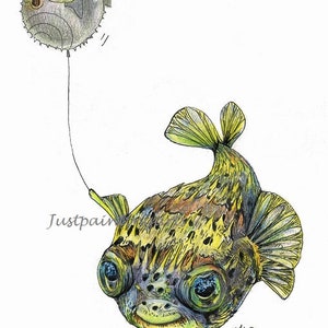 20% OFF Pequeña burbuja, globo de puercoespín, pescado marino- impresión de arte 8.5 x11 (tamaño de la letra)