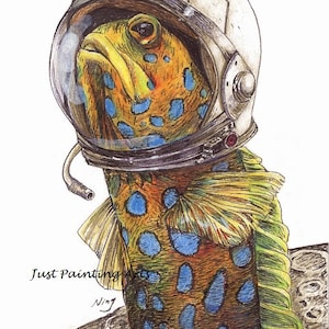 20% DE DESCUENTO Apollo, Blue Dot Jawfish usar casco de astronauta, Pescado Marino- Art Print 8.5 x11 (tamaño de la carta)