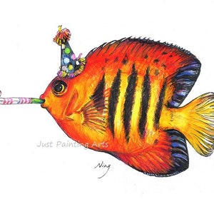 20% OFF JOJO, anjo de chama com chapéu de festa e chifre, peixe marinho - impressão artística 8,5 x 11 (tamanho carta)