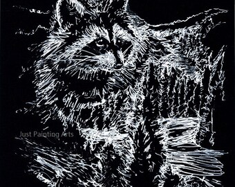 20% OFF Raccoon and mountain Black and white sketch,Wild lifes Art Print